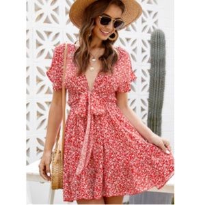 Red Floral Front Tie Sun Dress